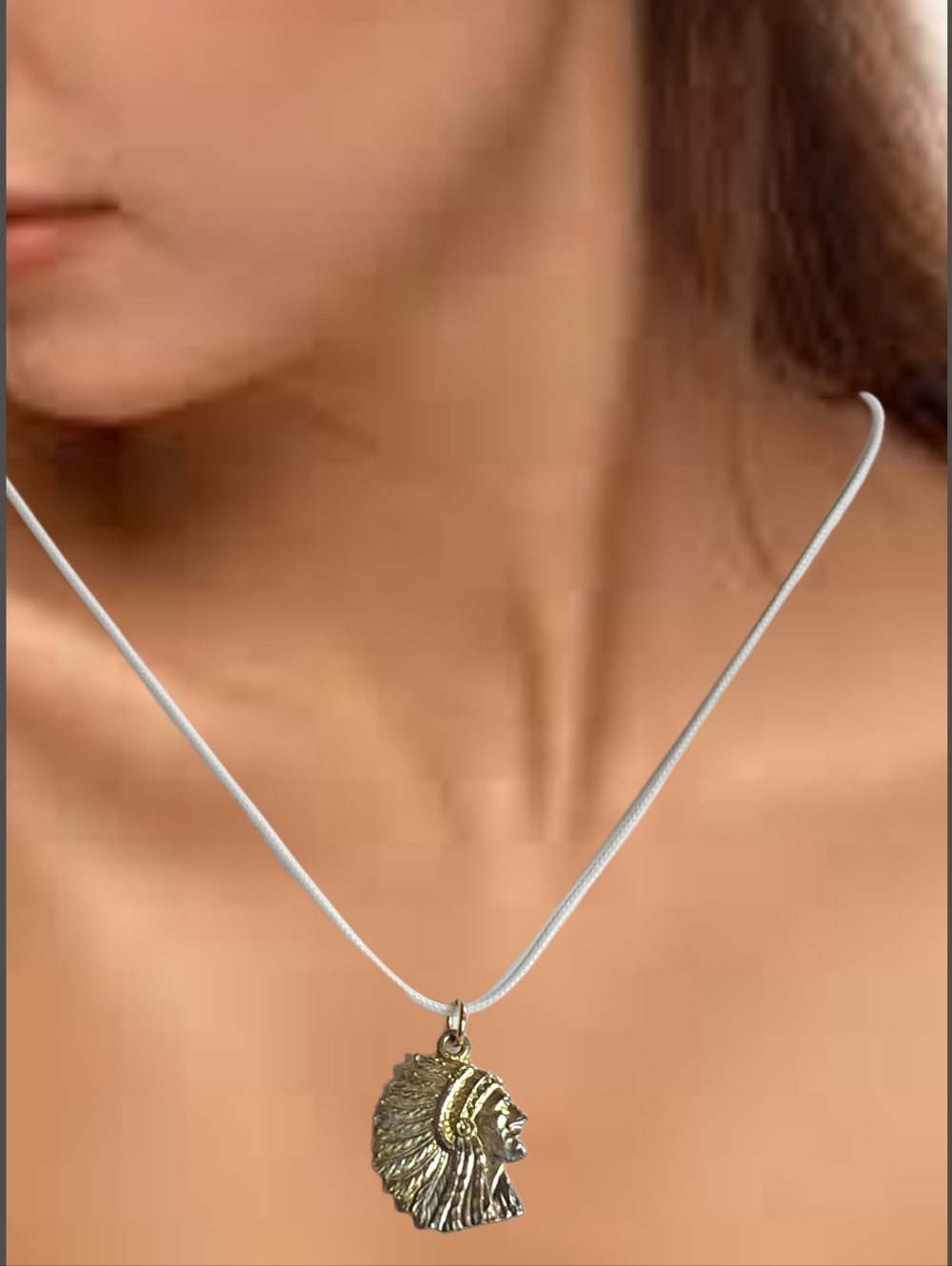 Gold Tone Native American Indian Chief Pendant w/ 18" Cord Necklace